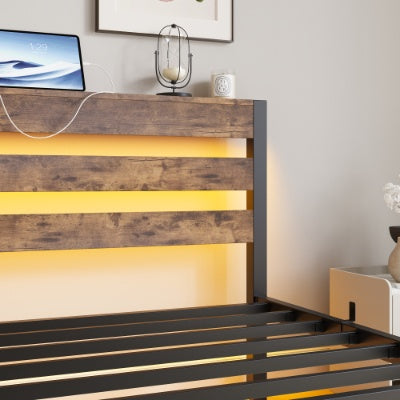 Estructura de Cama Tamaño Individual Marco de Cama Plataforma de Uso Intensivo con Cabecero, Estación de Carga USB, Cama con Luces LED, No Se Requiere Resorte de Caja, Base para Colchón, Listones de Acero Resistentes, Sin Ruido, Marrón
