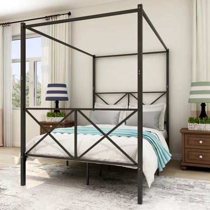 Metal Canopy Bed Frame, Platform Bed Frame With X Shaped Frame Full Black