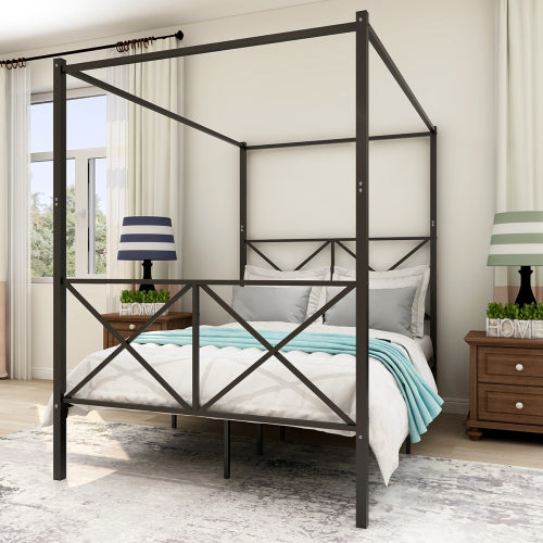 Black Metal Canopy Bed Sturdy Frame Design