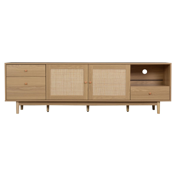 Mueble de TV Boho para televisores de 65, 75, 85 pulgadas, centro de entretenimiento con almacenamiento abierto y cajones, consola de TV de medios de madera moderna con ratán natural