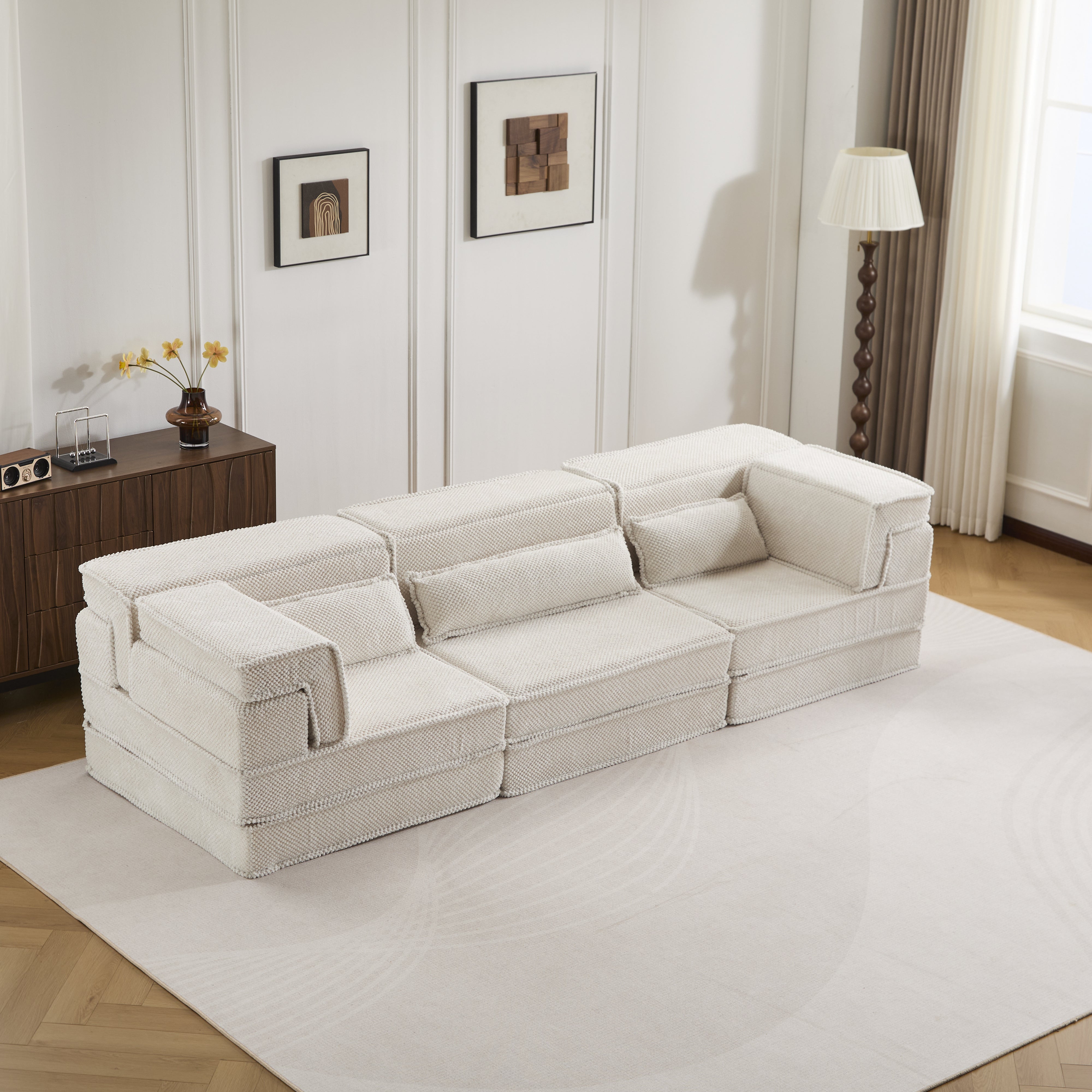Sofá Mahjong de Compresión, Sofá Cama Convertible para el Suelo, Sofá Seccional Modular sin Huesos DIY, Sin Ensamblaje Requerido, Tejido de Felpa Circular, Asiento para 3 Personas Sobredimensionado con 3 Almohadas, Blanco