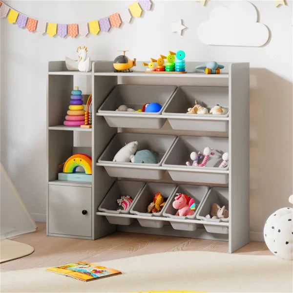 Kinder-Spielzeug-Organizer (Grau) - 112 cm x 30,5 cm x 100 cm, 8 Aufbewahrungsboxen, offene Regale + Schrank.
