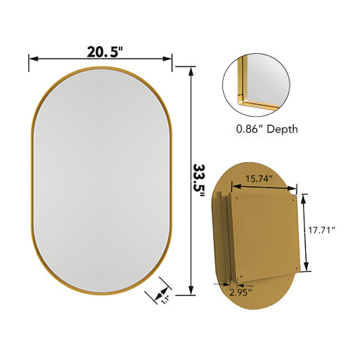 Armario de Medicina Oval Empotrado de 20x34 Pulgadas, Armario de Pared para Baño con Marco de Metal, Espejo y Estantes Ajustables, Espejo de Pared con Almacenamiento para Baño, Oro Mate