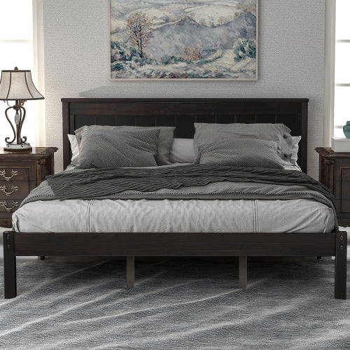 Estructura de Cama Plataforma con Cabecero, Soporte de Lamas de Madera, No se Necesita Resorte de Caja, Queen, Espresso