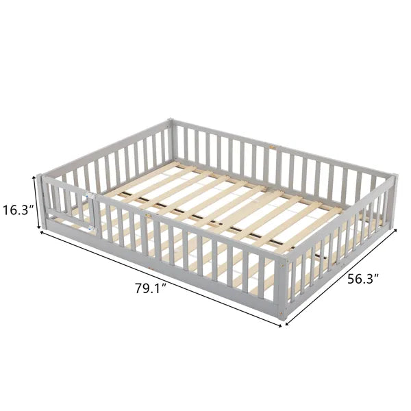 Gray Painted Pine Wood Playpen Bed With Door And Board, Full-size Children's Wooden Bed