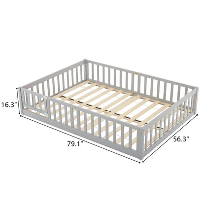 Gray Painted Pine Wood Playpen Bed With Door And Board, Full-size Children's Wooden Bed