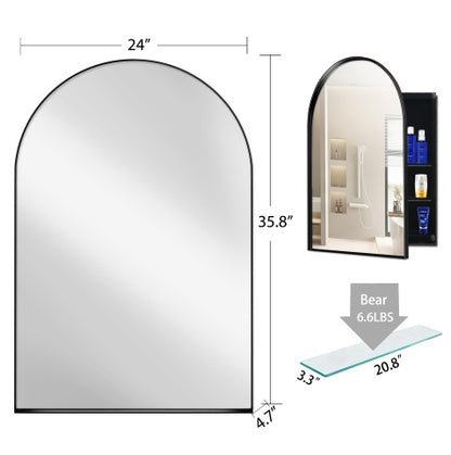 24x36 Inch Arched Recessed Medicine Cabinet, Metal Framed Bathroom Wall Cabinet With Mirror And Adjustable Shelves, Wall Mirror With Storage For Bathroom, Matte Black