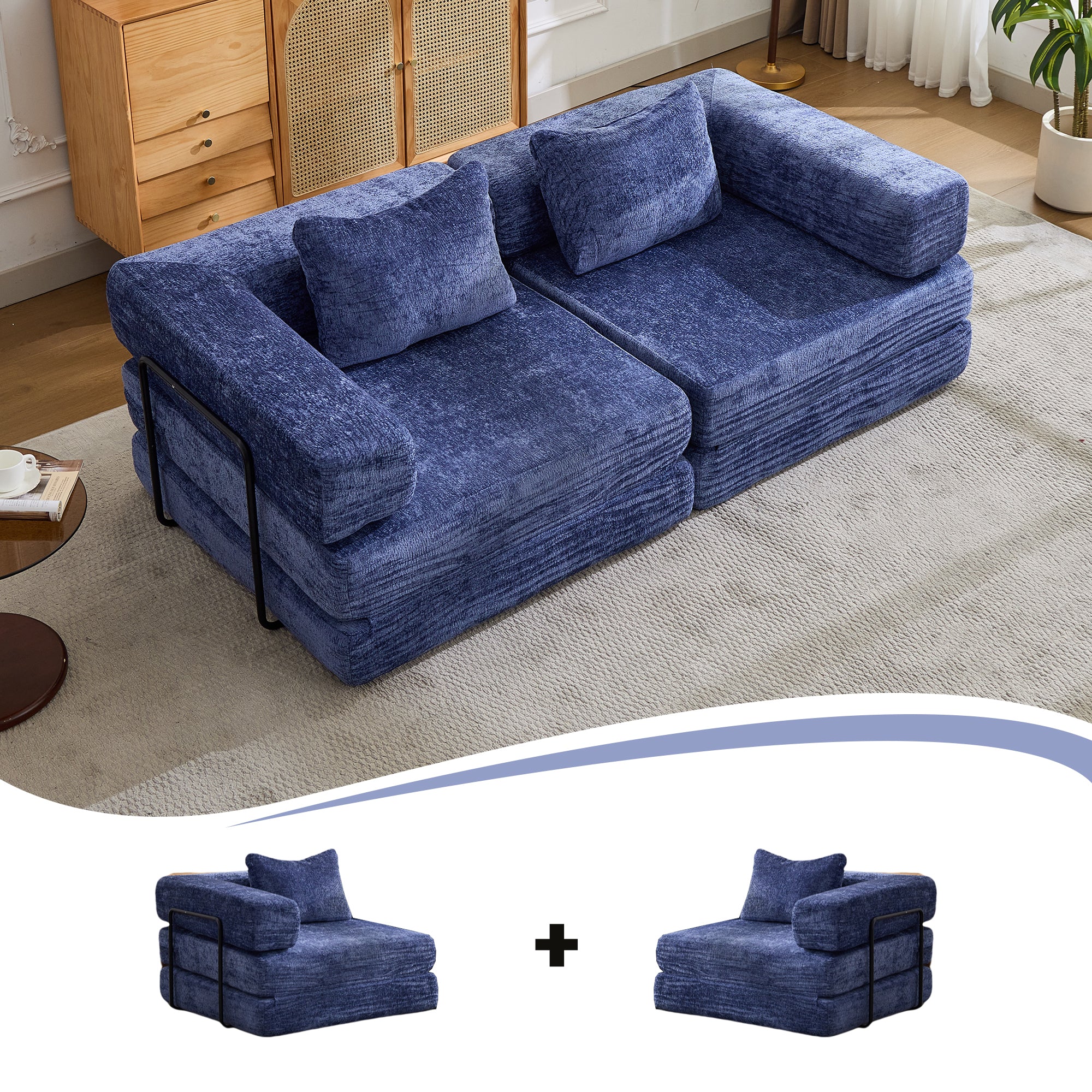Sofá de Compresión, Sofá Cama Convertible para el Suelo con Marco de Forma Fija, Sofá Seccional Modular sin Huesos para Dos Personas, Sin Ensamblaje Requerido, Tela de Chenille, para Sala de Estar y Dormitorio, Azul Oscuro
