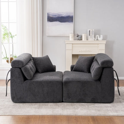 LY-029 GRAY COMPRESSION SOFA 4-seater Combined Sofa, Wood Grain Chenille Fabric, Full Sponge Compression Sofa,combined Sofa With 2 Pillows For Living  Home Furniture  Apartment