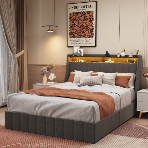 Estructura de Cama de Tamaño Completo con LED, 4 Cajones de Almacenamiento Portátiles Bajo la Cama, Diseño de Cabecero con Alas