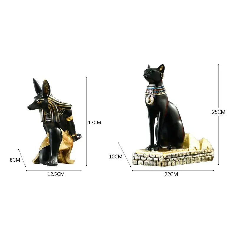 Egyptian black and gold cat god wine rack featuring black anubis and cat statues with detailed egyptian designs