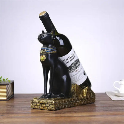 Egyptian black resin cat god wine rack with gold and blue collar holding wine bottle for dining room decor