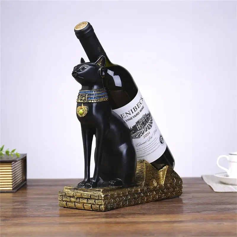 Egyptian black resin cat god wine rack with gold and blue collar holding wine bottle for dining room decor