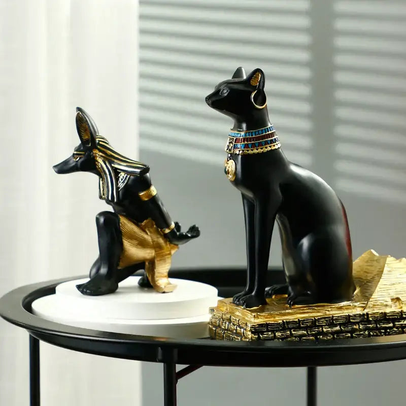 Black resin egyptian cat and anubis figurines with gold accents and detailed collars for god wine rack decor