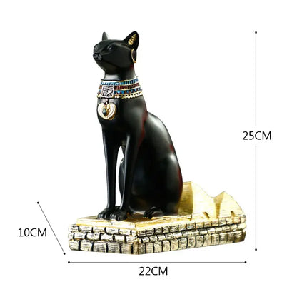 Black resin egyptian cat god wine rack with gold and blue collar seated on stone base for dining room decor