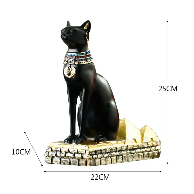 Black resin egyptian cat god wine rack with gold and blue collar seated on stone base for dining room decor