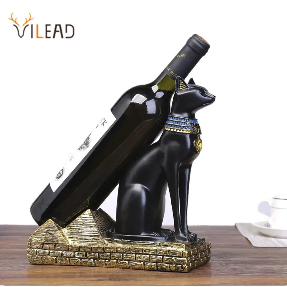 Black resin egyptian cat wine bottle holder with gold and blue embellishments dining room decor bottle holder