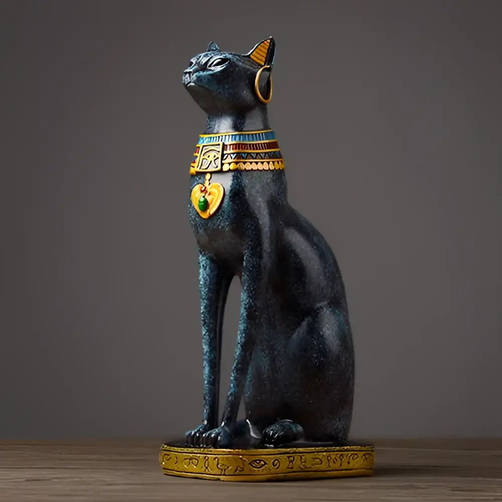 Black resin egyptian cat figurine with gold and turquoise detailing for elegant home decor display