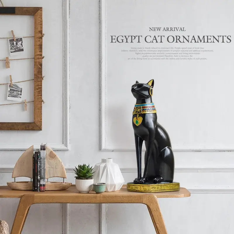 Black egyptian cat resin figurine with gold and blue collar featuring eye symbol for home decor living room display