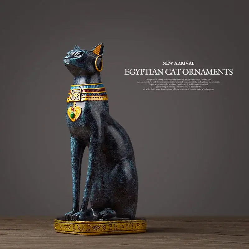 Black resin egyptian cat figurine with gold accents and heart pendant for elegant home decor and living room display