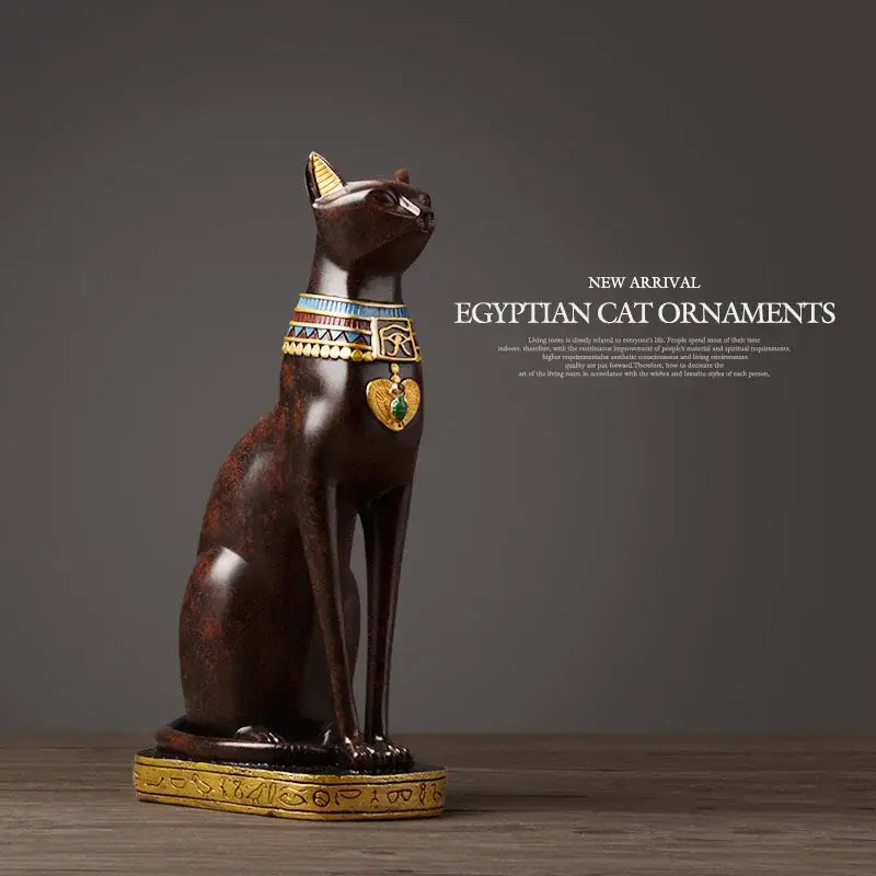 Dark brown egyptian cat resin figurine with gold and blue collar featuring eye of horus for home decor
