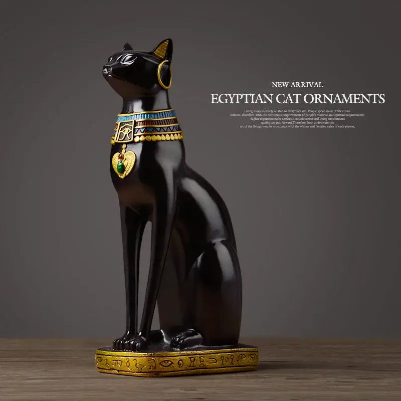 Black egyptian cat resin figurine with gold accents and hieroglyphic collar for elegant home decor display