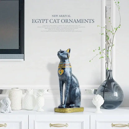 Dark blue egyptian cat resin figurine with gold trim and hieroglyphic detailing for elegant home decor