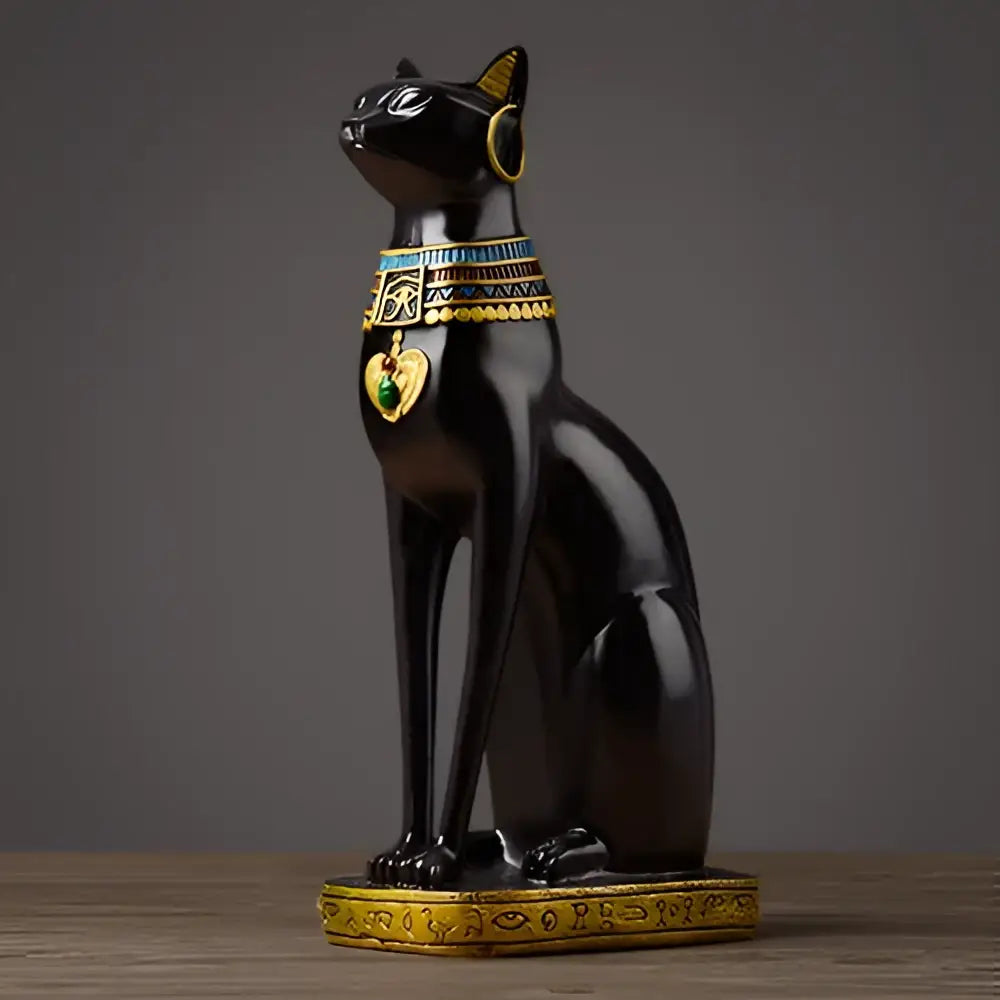 Black glossy egyptian cat resin figurine with gold and turquoise detailing for elegant living room home decor