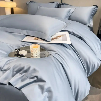 Light blue satin DecorBites™ 1000TC Egyptian cotton bedding set with smooth duvet cover and fitted sheet finish