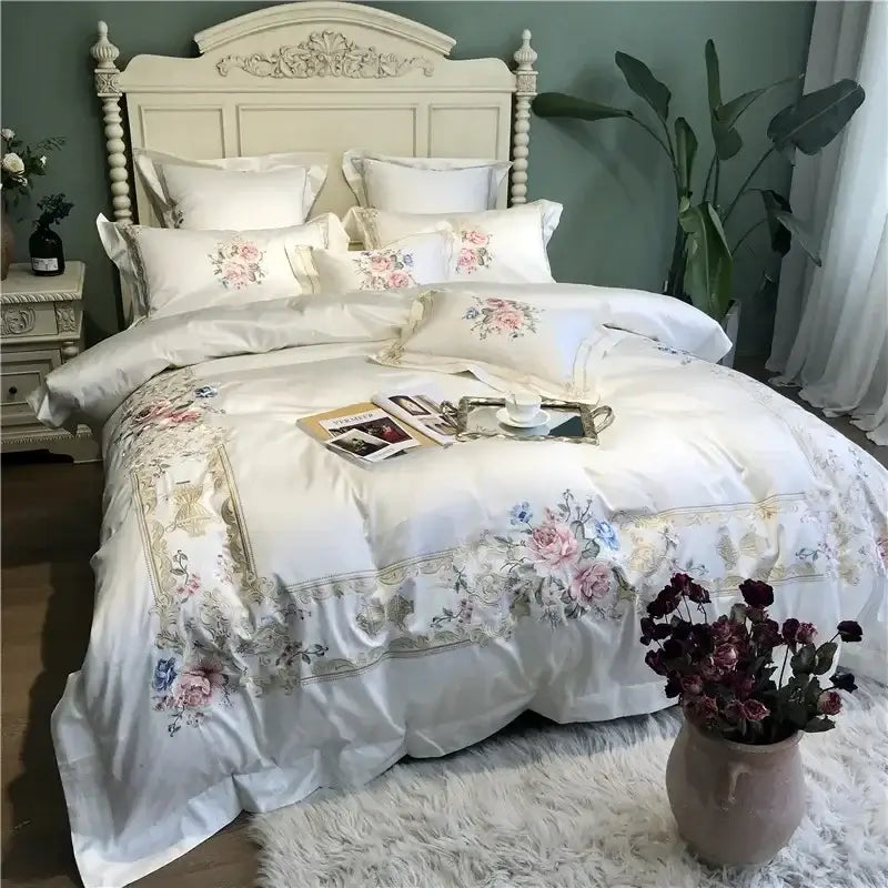 White satin-like egyptian cotton white embroidery bedding set with delicate pink and blue floral edges