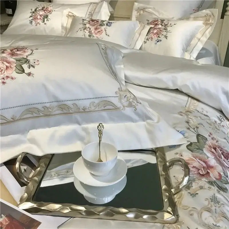 White satin egyptian cotton white embroidery bedding set with pink green floral embroidery and gold ornate trim