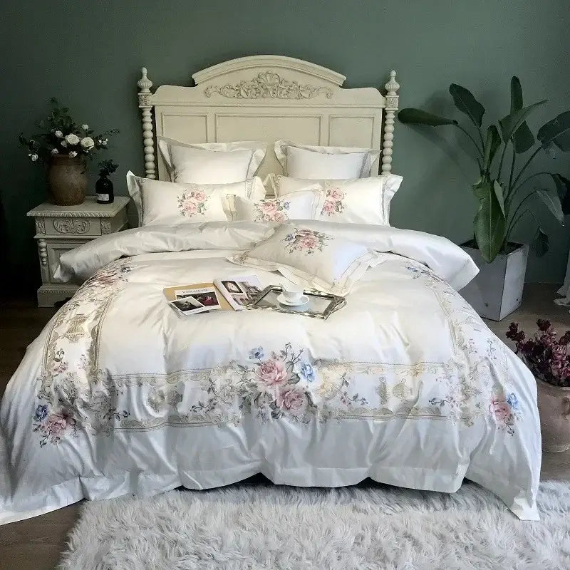White satin egyptian cotton white embroidery bedding set with delicate pink blue and gold floral accents