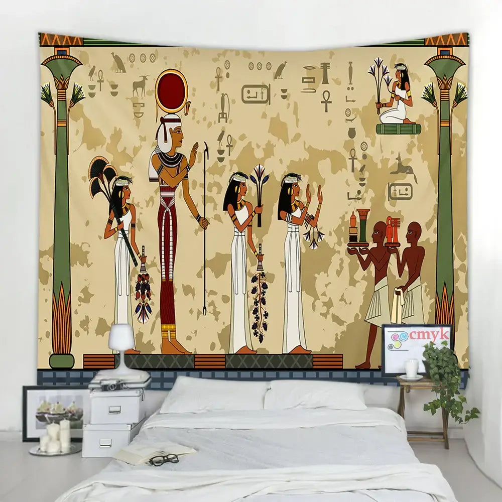 Egyptian egypt tapestry wall hanging with maroon and green stylized figures and hieroglyphics on beige background