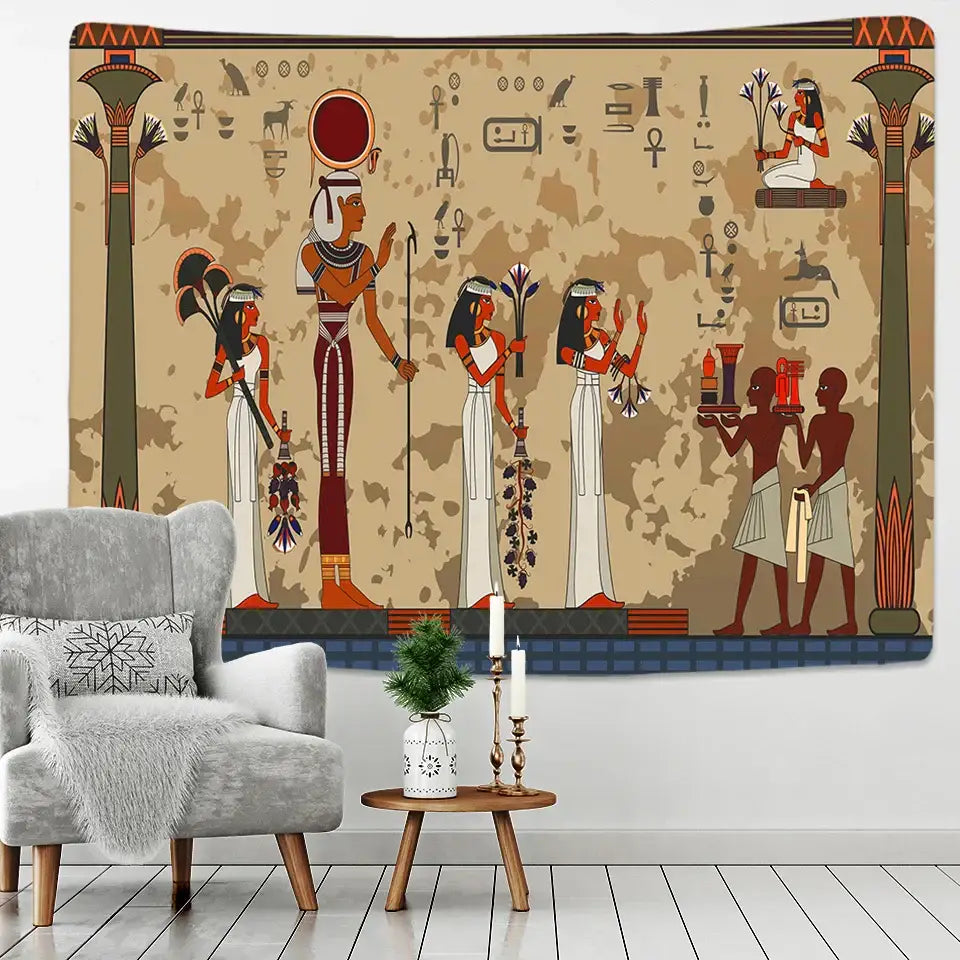 Egyptian egypt tapestry wall hanging featuring stylized red white and gold figures on a beige background for bedroom art