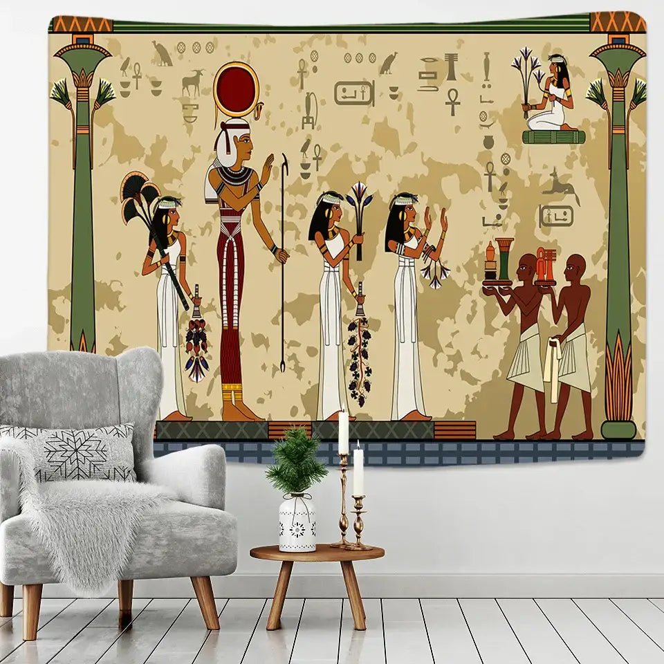 Egyptian egypt tapestry wall hanging with stylized figures maroon and green on textured beige for bedroom art