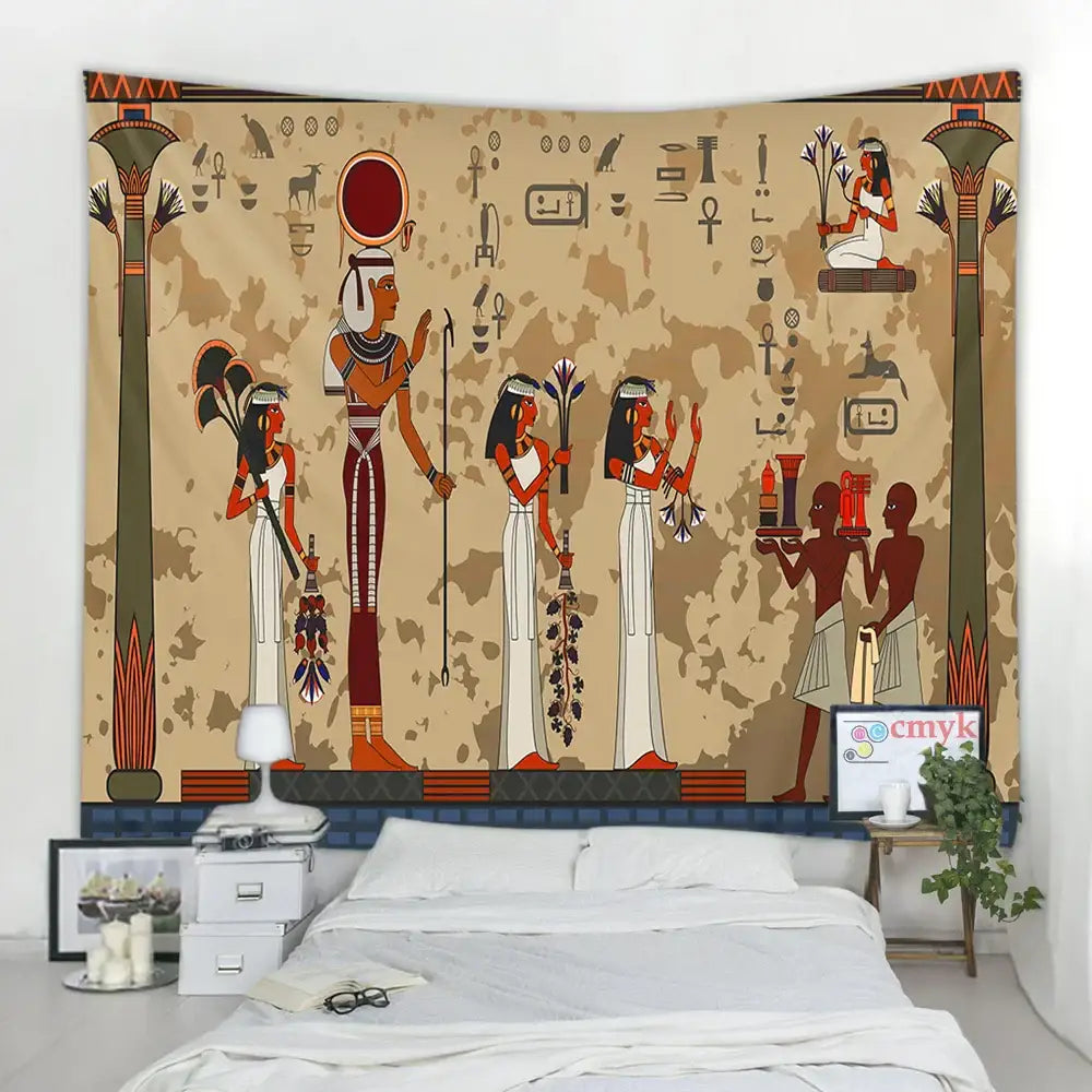 Egyptian egypt tapestry wall featuring maroon and green stylized figures with hieroglyphics on a beige background