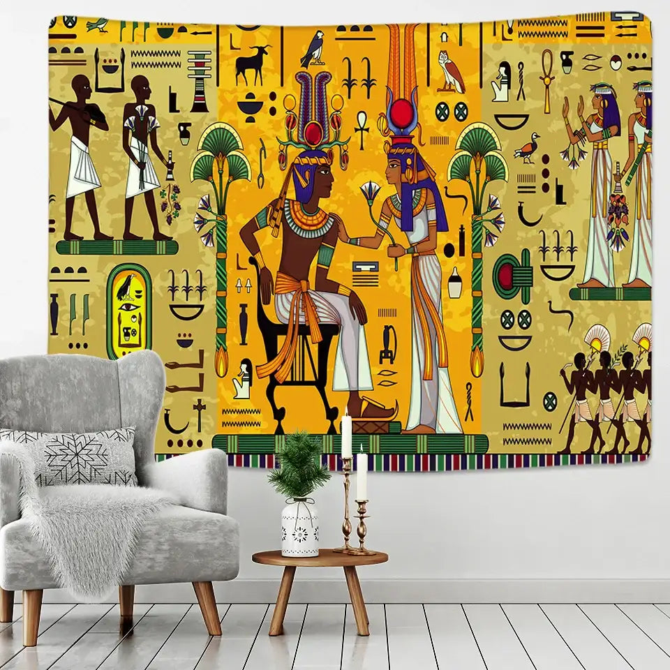 Vibrant yellow egyptian egypt tapestry wall hanging featuring hieroglyphs pharaohs and gods in bold colors for bedroom art