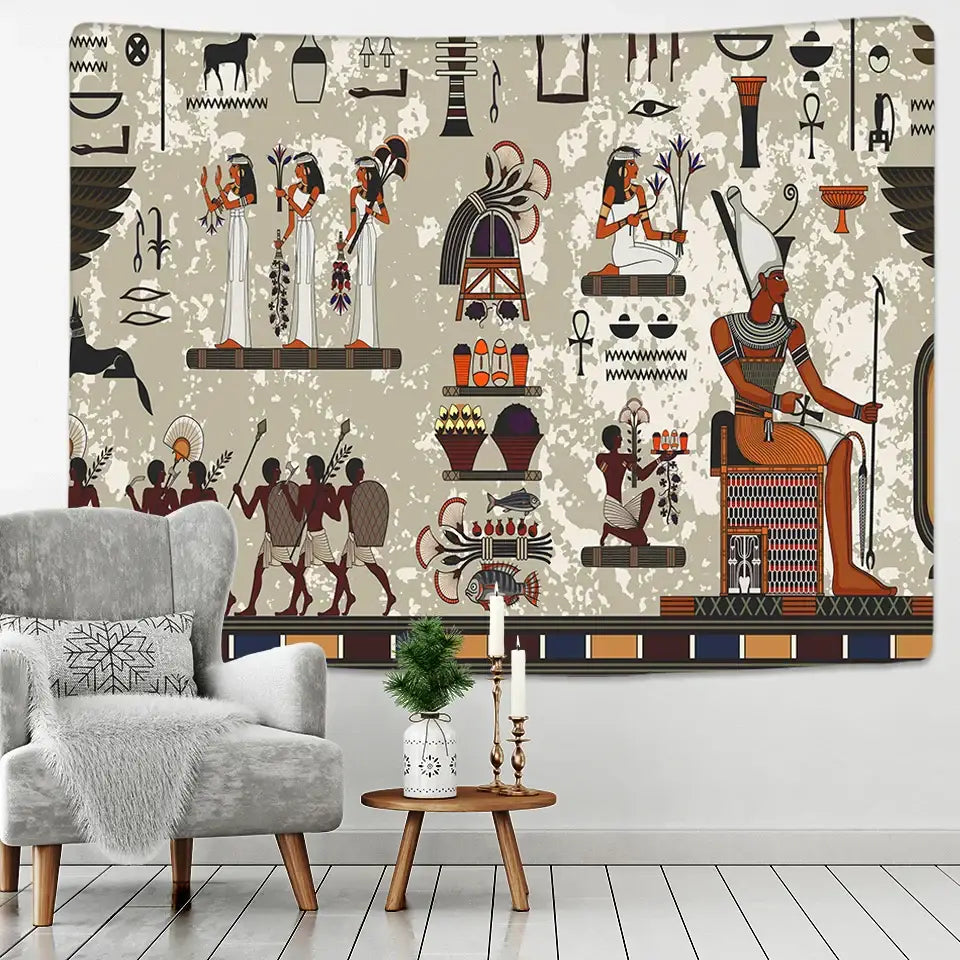 Egyptian egypt tapestry wall hanging featuring hieroglyphics and figures in white and orange on a beige distressed background