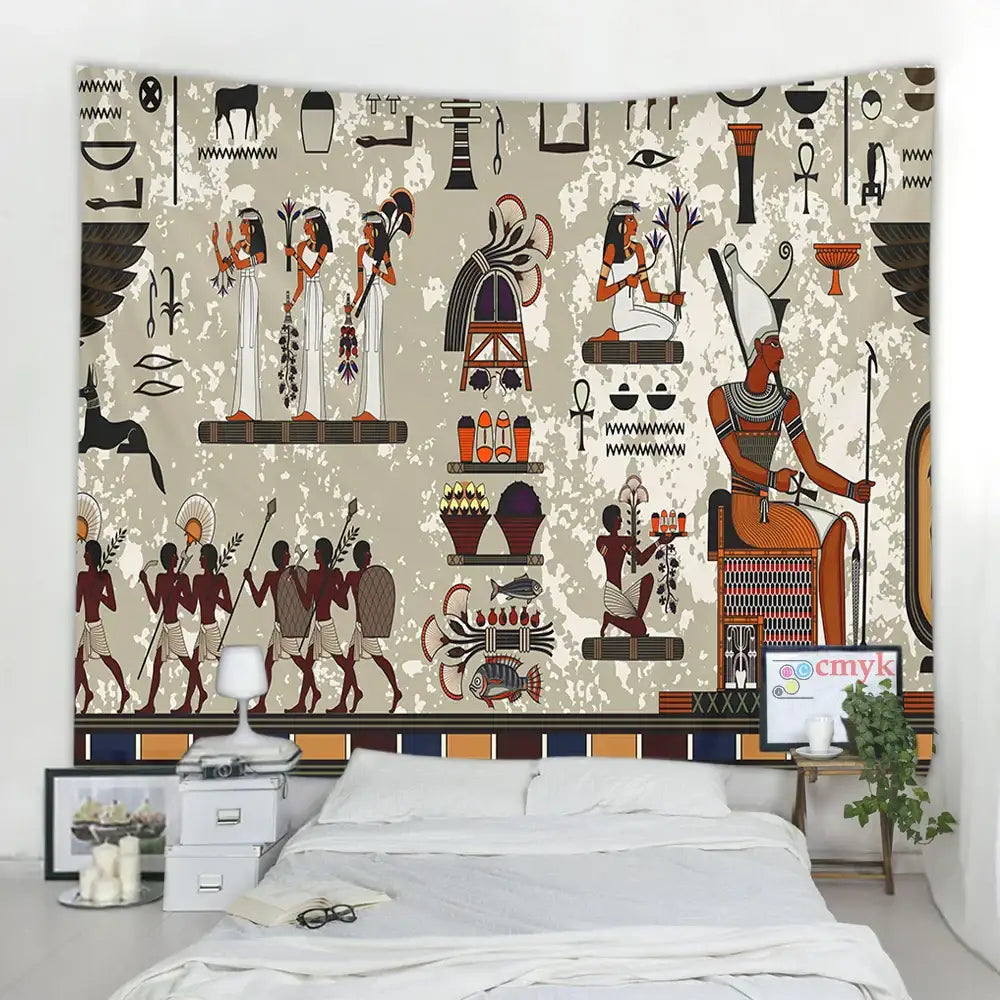 Egyptian egypt tapestry wall hanging with stylized black orange and beige illustrations on off-white textured fabric