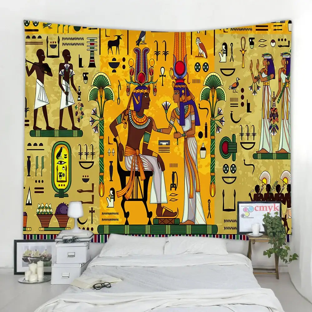 Vibrant yellow egyptian egypt tapestry wall hanging featuring stylized figures and hieroglyphs for bedroom art