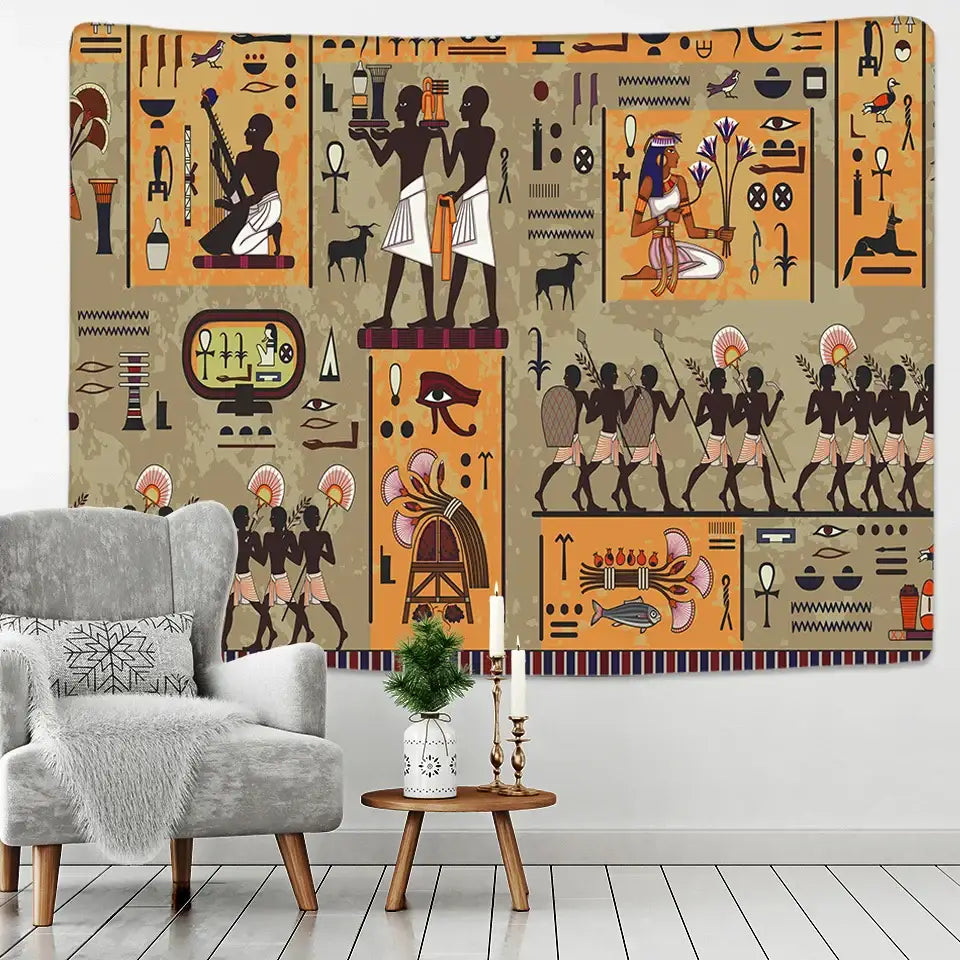 Egyptian egypt tapestry wall hanging with intricate hieroglyphics in orange brown and black on beige textured fabric