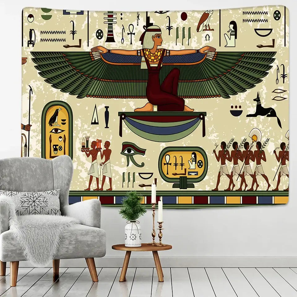 Egyptian egypt tapestry wall hanging with central figure in red and gold wings on off-white for bedroom art