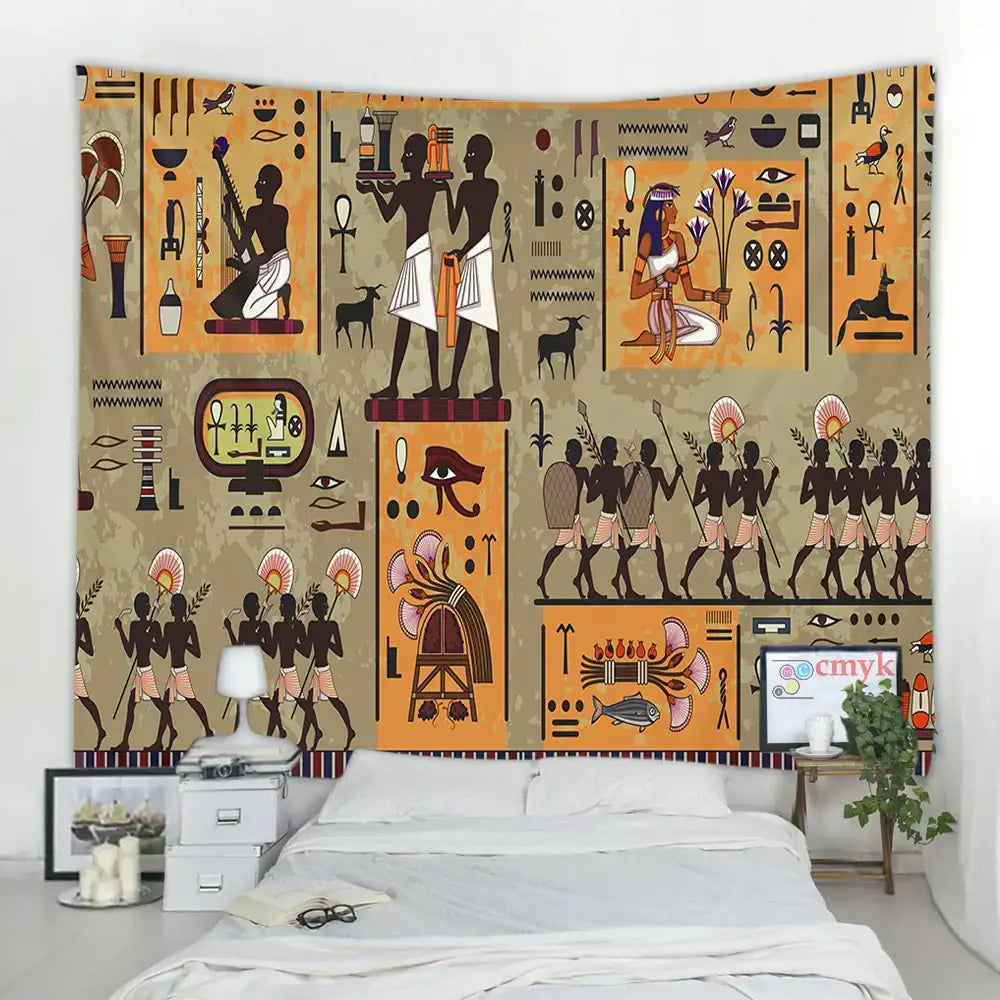 Egyptian egypt tapestry wall hanging featuring stylized hieroglyphs in orange brown and black on textured beige background