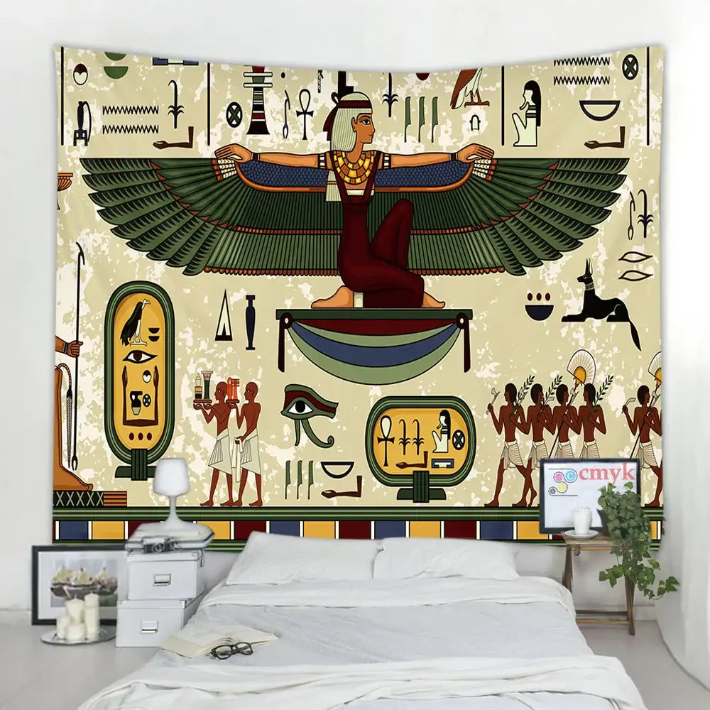 Egyptian egypt tapestry wall hanging with central maroon and green winged figure and hieroglyphs on off-white background