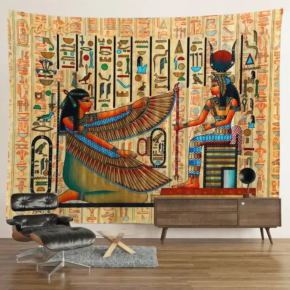 Vibrant egyptian mandala tapestry wall hanging in blue and gold featuring two regal figures with hieroglyphic patterns
