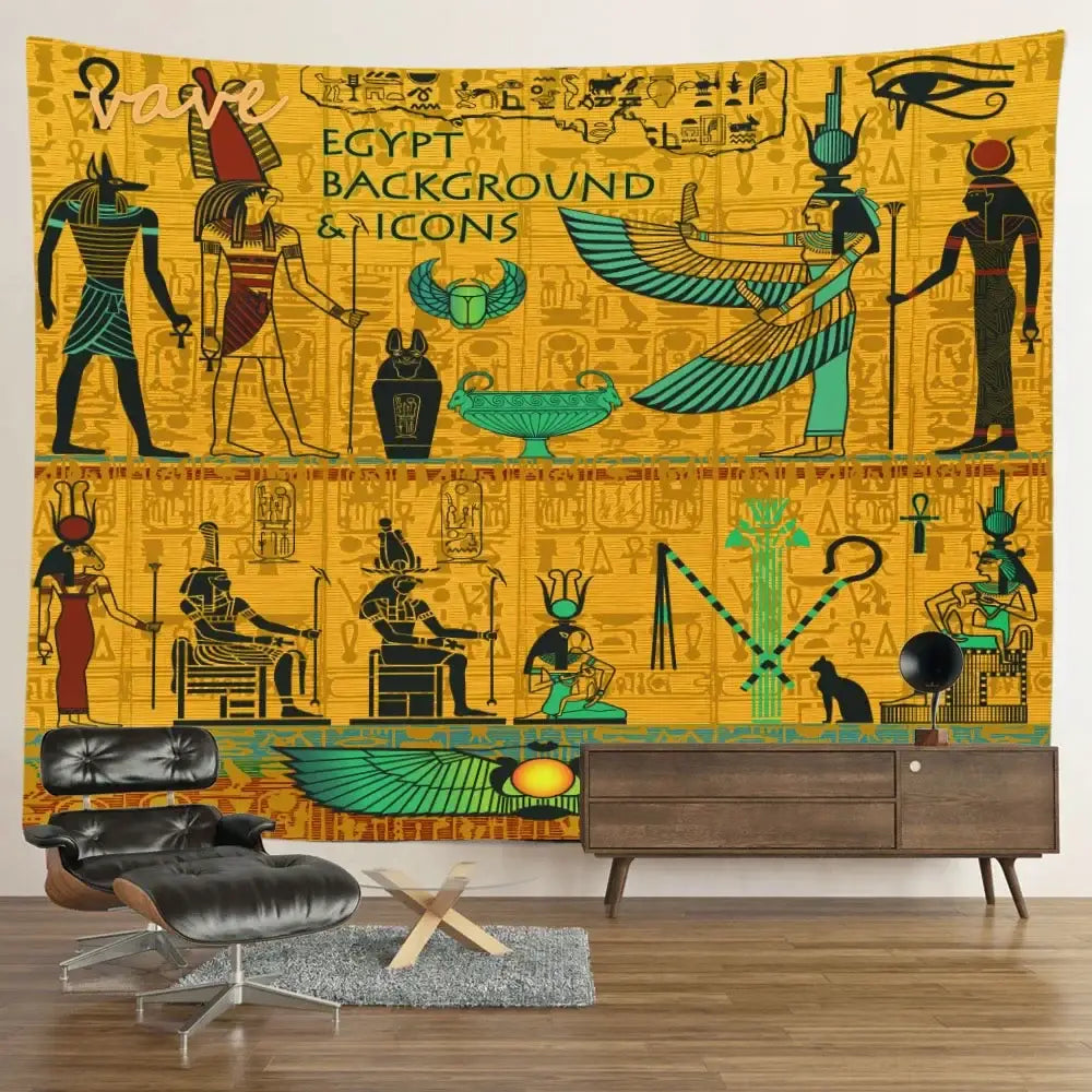 Vibrant yellow and teal egyptian mandala tapestry wall hanging featuring gods hieroglyphs and eye of horus for bedroom decor