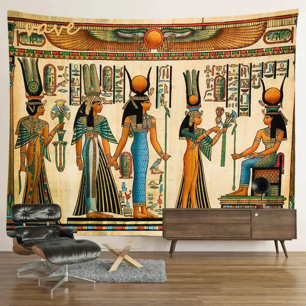 Egyptian mandala tapestry wall hanging with vibrant blues golds and greens featuring hieroglyphics on beige background
