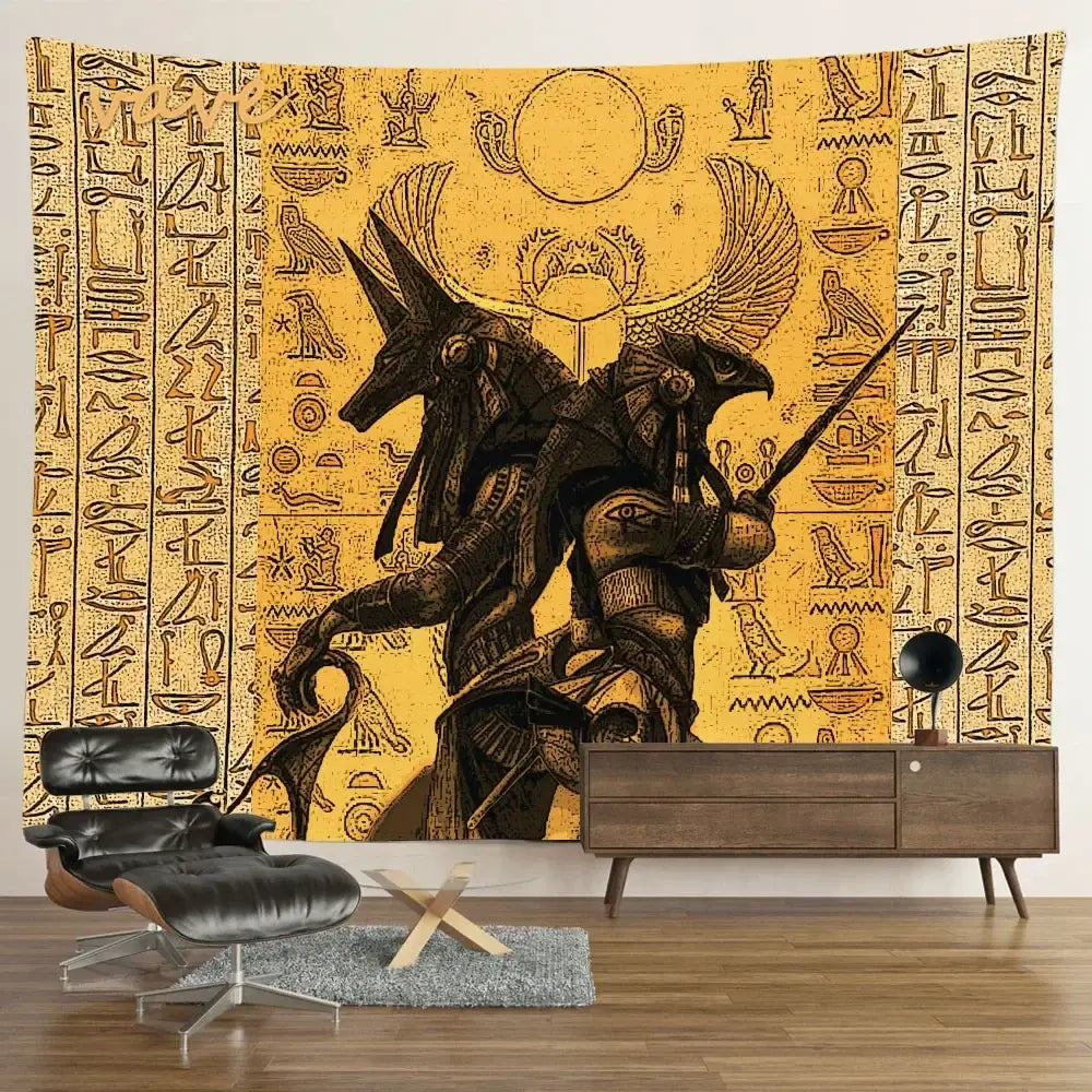 A vibrant yellow egyptian mandala tapestry wall hanging featuring Anubis with hieroglyphics and intricate patterns
