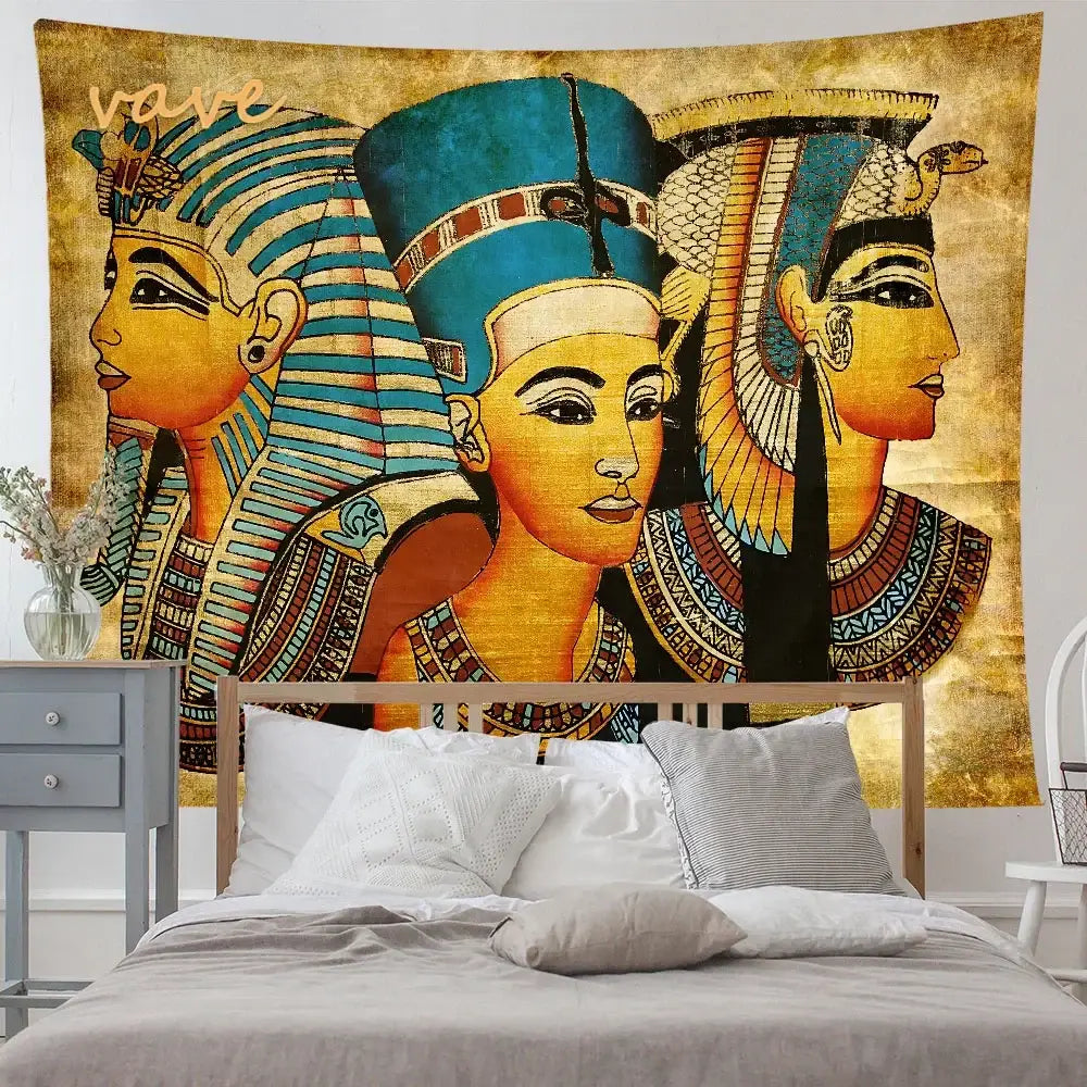 Vintage-style egyptian mandala tapestry wall hanging featuring gold and blue pharaoh and queen designs with hieroglyphics