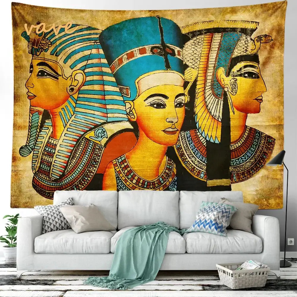 Vintage-style egyptian mandala tapestry wall hanging featuring three stylized pharaohs in blue and gold with hieroglyphics